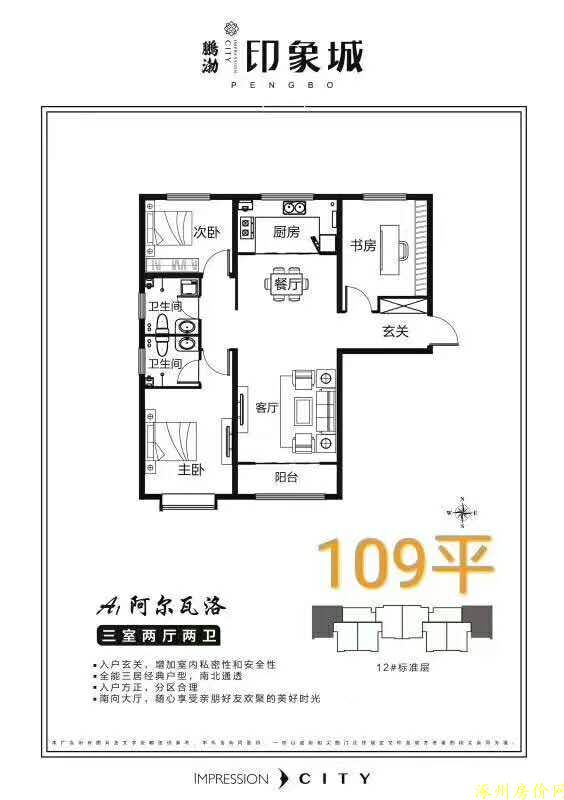 涿州印象城三居室户型图南北通透